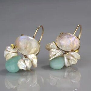 New Vintage Bee Hook Earrings Opal Keshi Pearls Amazonite 14K Gold Plated Fairy